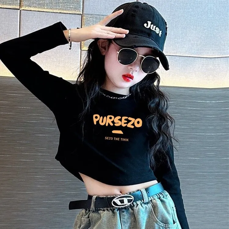 女童打底衫短款上衣春秋2025新款韩版洋气长袖中大童高腰儿童T恤