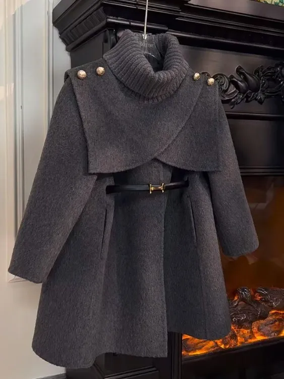 【赠腰带】高级感可拆卸2024秋冬新款斗篷针织女童时尚宽松毛呢外套