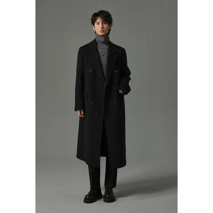 【70%双面绵羊毛大衣】秋冬男装过膝长款加厚休闲双排扣宽松外套01
