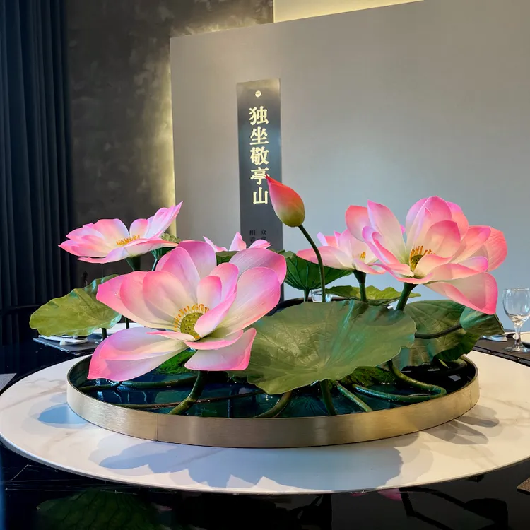 酒店大圆桌摆件仿真假花餐桌花摆花装饰品高端中间转盘微景观荷花