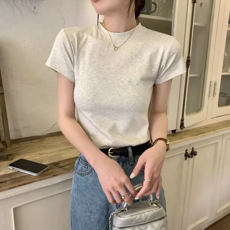 麻灰色圆领短袖T恤女春夏季印花正肩显瘦露脐短款百搭韩版ins上衣