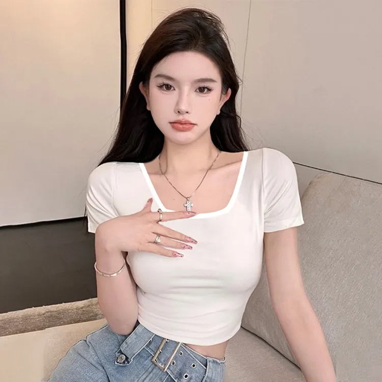 方领白色短袖T恤女夏季辣妹性感短款露脐修身显瘦打底衫上衣紧身