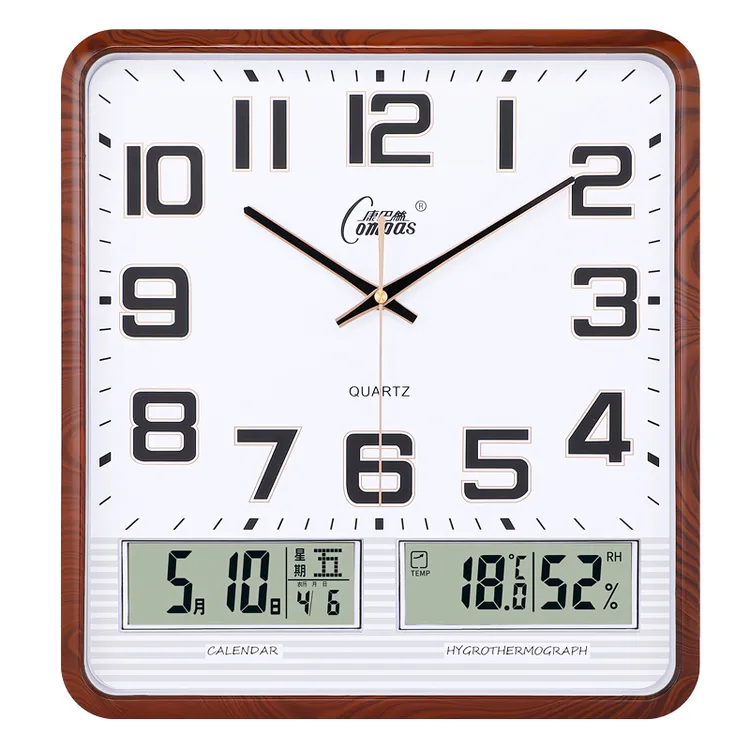 康巴丝静音石英钟，方形挂表，日历款高端大气客厅挂表，