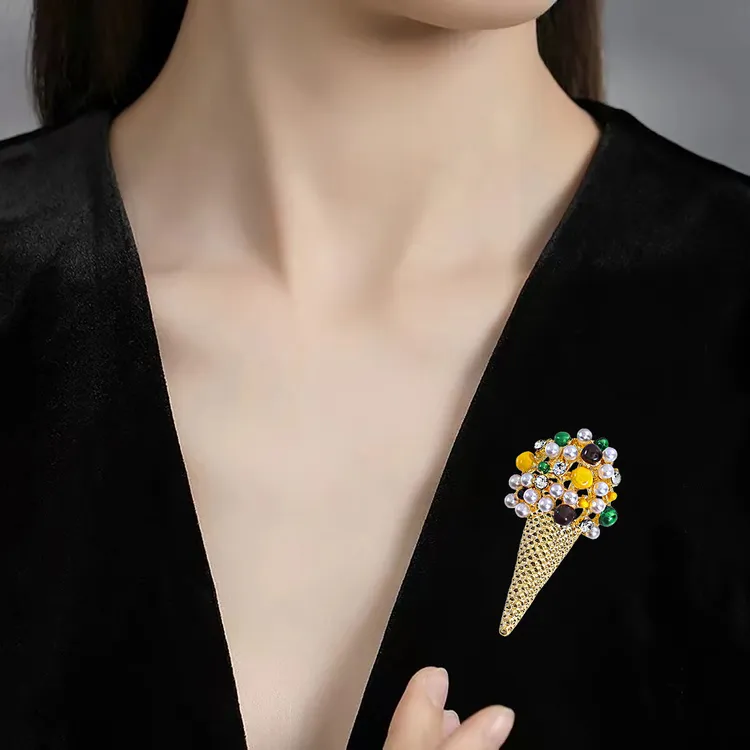 合金胸针 简约时尚可爱气质水钻仿珍珠胸针甜筒冰激凌创意时尚
