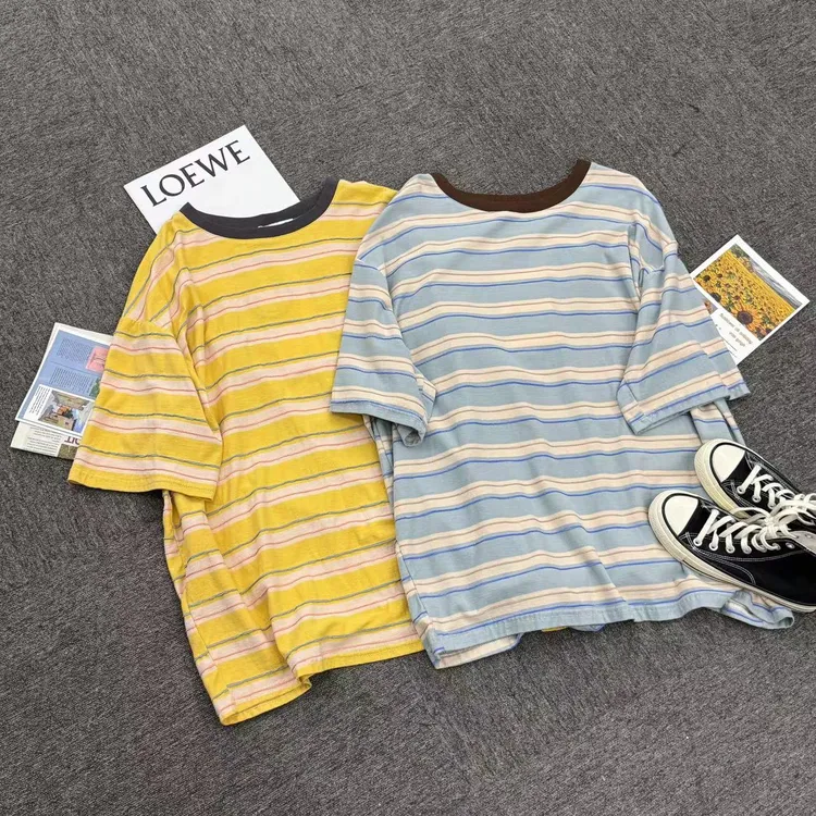 惜亦夏季新款个性小众时尚百搭休闲潮流大版撞色条纹T恤KIKI9387