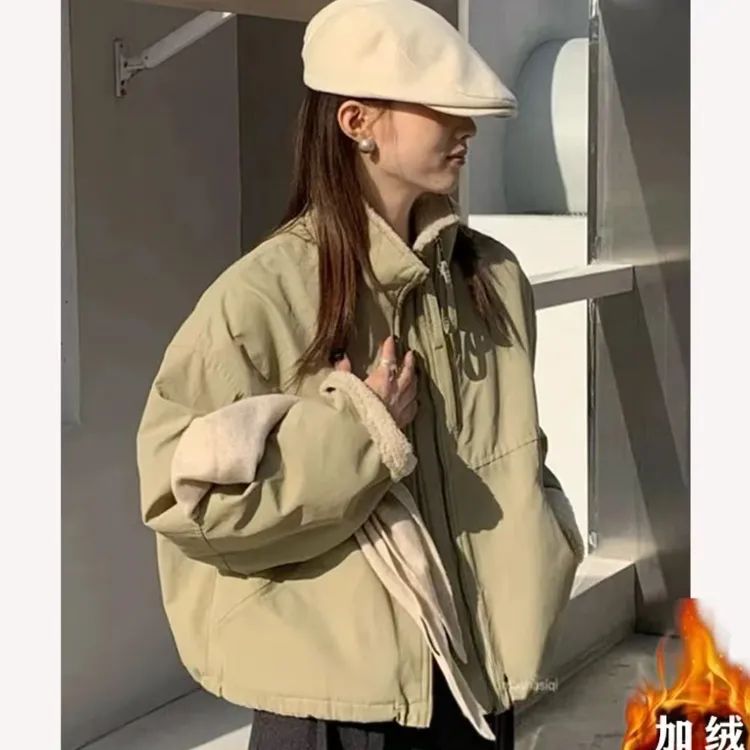 羊羔毛短款派克服女2024秋冬新款韩系休闲宽松小个子棉服外套