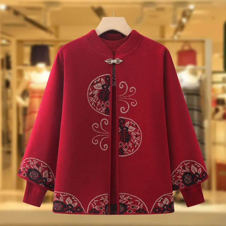 老年人秋装女外套妈妈秋冬针织衫打底衫两件套奶奶装长袖毛衣套装