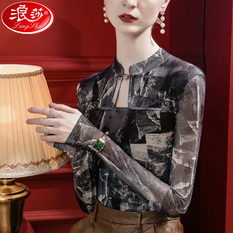 浪莎中国风旗袍领上衣女扎染印花修身内搭2025春季镂空洋气小衫