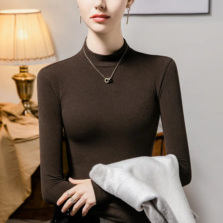 磨毛半高领打底衫女纯色2025秋冬新款内搭保暖女装冬季T恤上衣