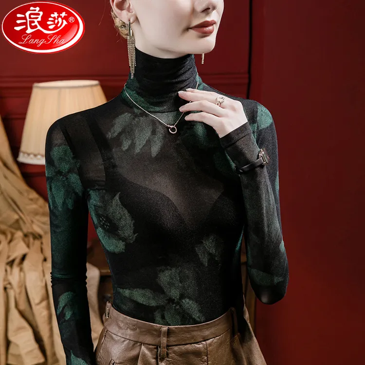 浪莎扎染印花高领网纱打底衫女修身内搭秋冬加绒堆堆领透视上衣