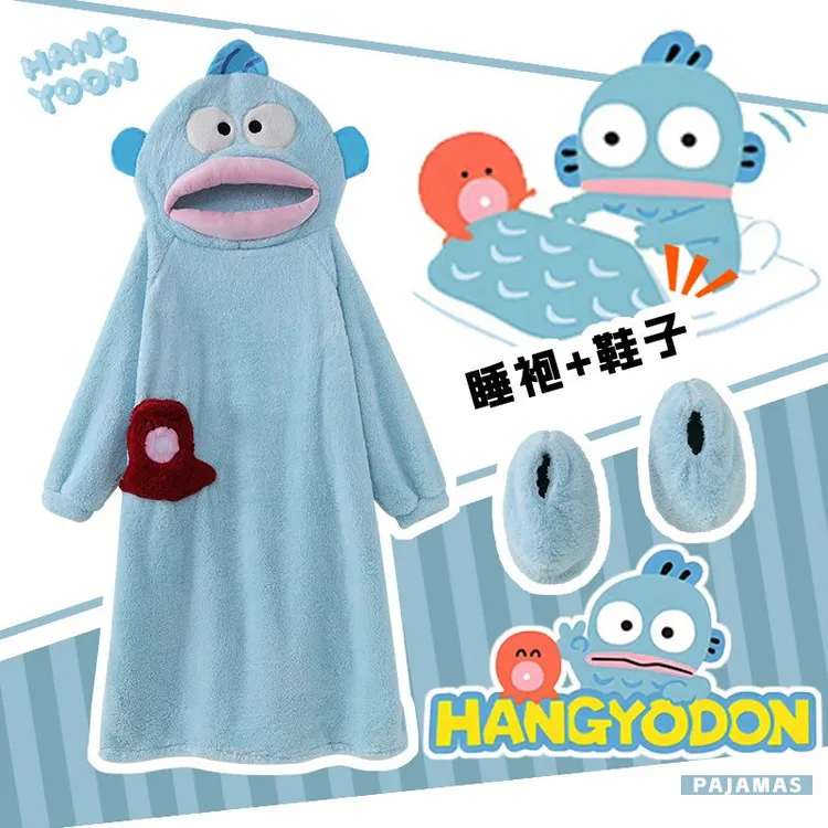 秋冬季珊瑚绒小丑鱼睡衣女男同款卡通搞怪睡袍情侣家居服加绒睡裙