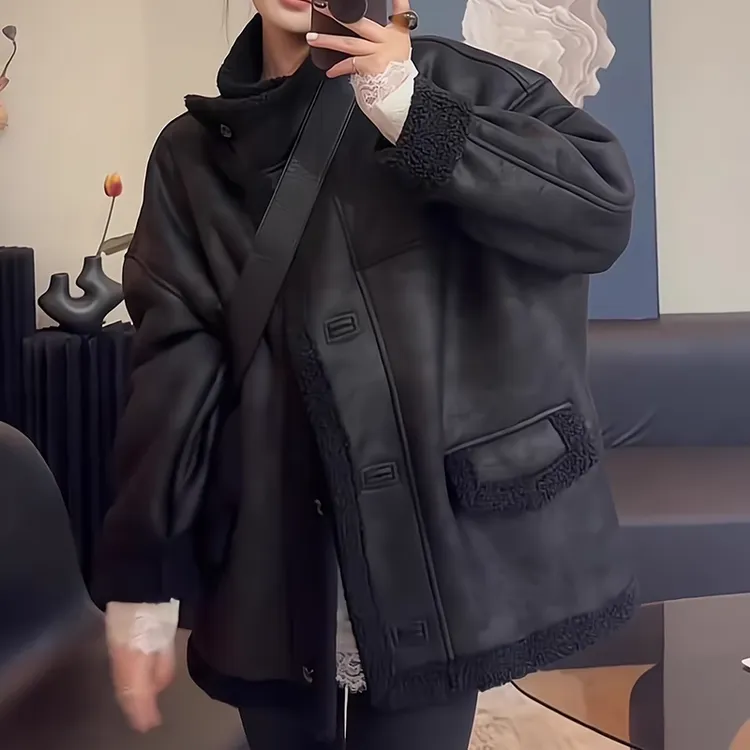 美拉德2024冬季新款韩版宽松休闲高级时尚洋气复古机车感一体外套