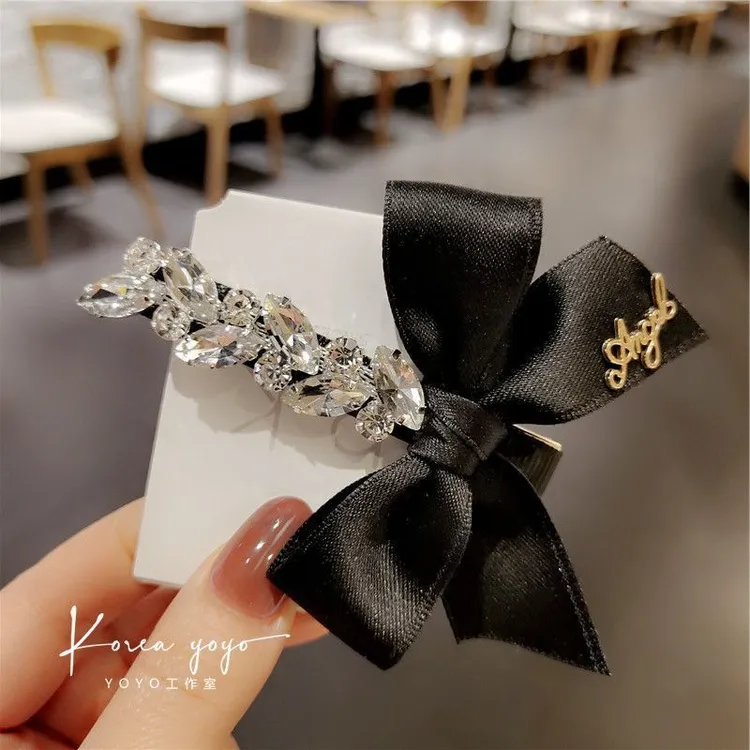 网红轻奢简约水晶蝴蝶结发夹蝴蝶结鸭嘴夹边夹高级感带钻发夹