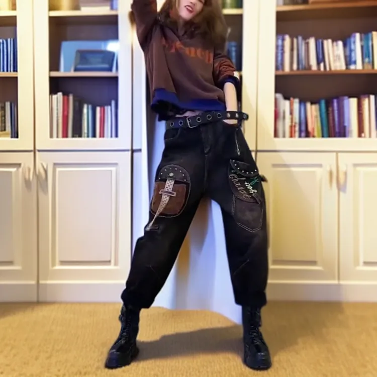 刺绣钉珠宽松水洗牛仔裤2025春季新款欧货复古网红拉链百搭哈伦裤