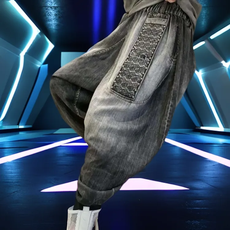 欧货网红同款2025春秋新款宽松个性做旧松紧腰老爹牛仔裤哈伦垮裤