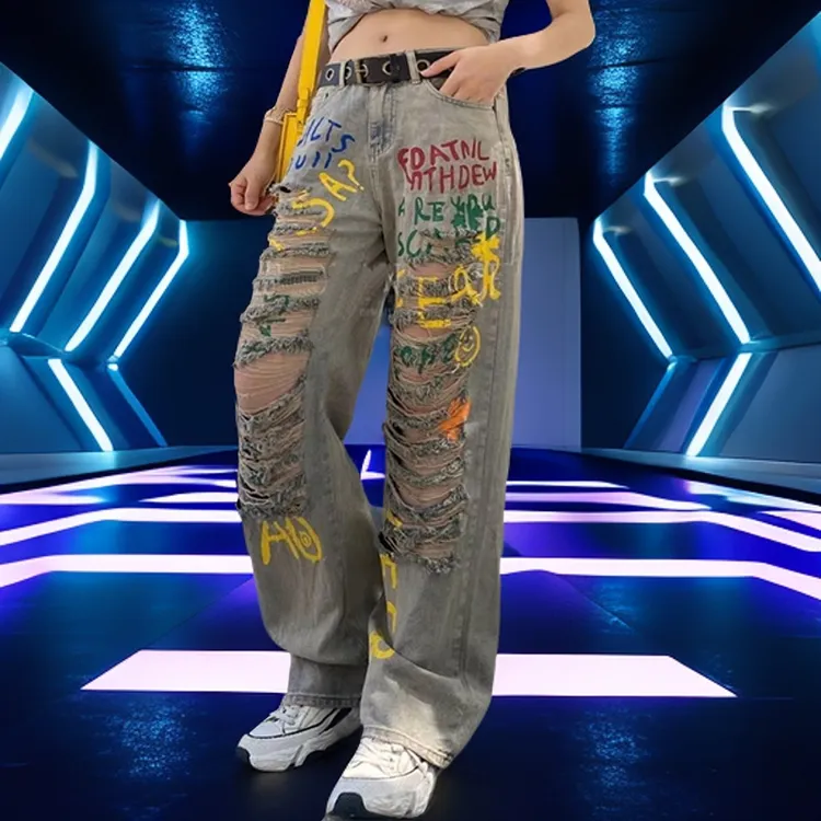 欧货潮流爆款2025春秋新款彩色字母时尚破洞显瘦拖地百搭阔腿牛仔
