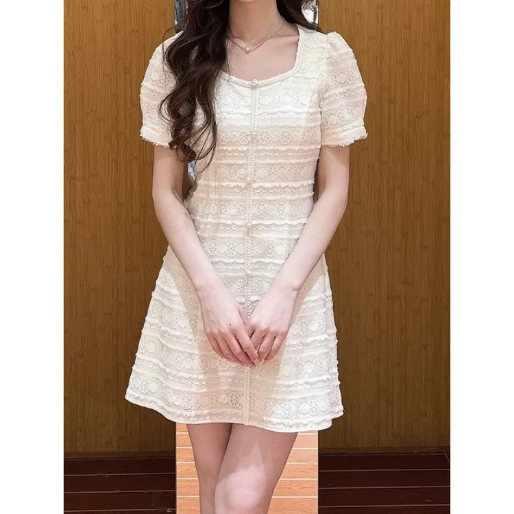 爱家品牌小香风蕾丝短袖连衣裙女夏季新款高级感气质收腰显瘦短裙
