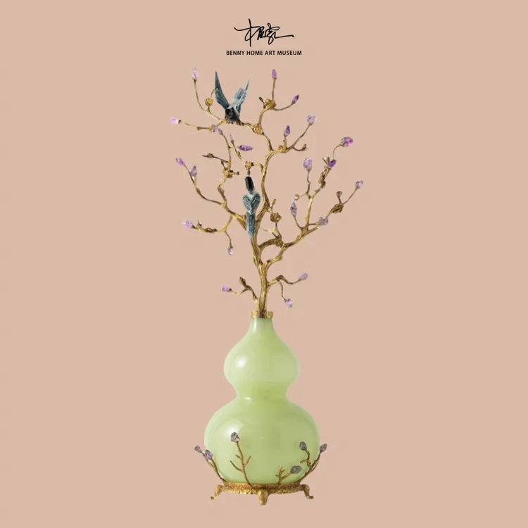 【本尼家】黄铜配仿绿玉葫芦福禄摆件轻奢高档玄关艺术品装饰