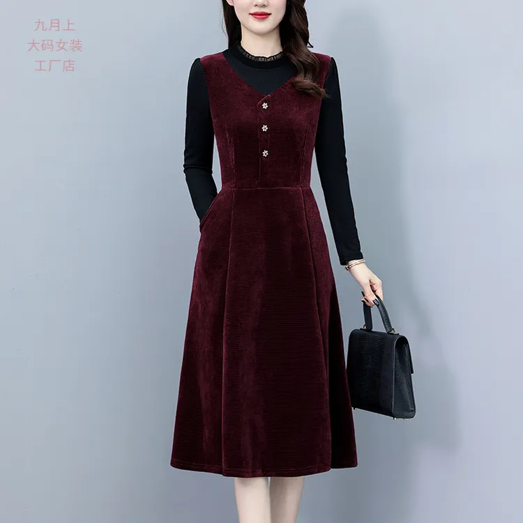 春秋季新款假两件套大码女装时尚减龄妈妈装中长款连衣裙子长袖