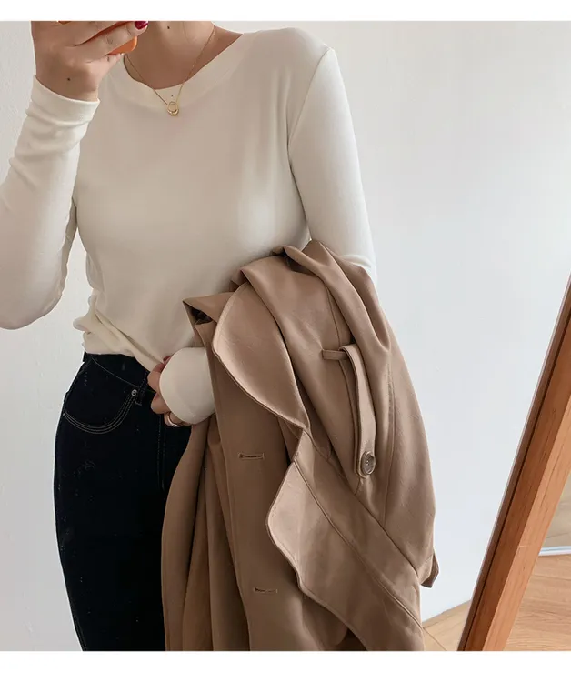 【软糯加厚】 德绒感打底衫女洋气圆领内搭白色长袖T恤秋冬保暖上衣