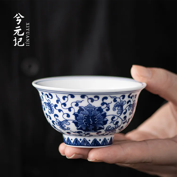 兮元记缠枝莲青花陶瓷茶杯主人杯单杯高档品茗杯个人专用功夫茶具