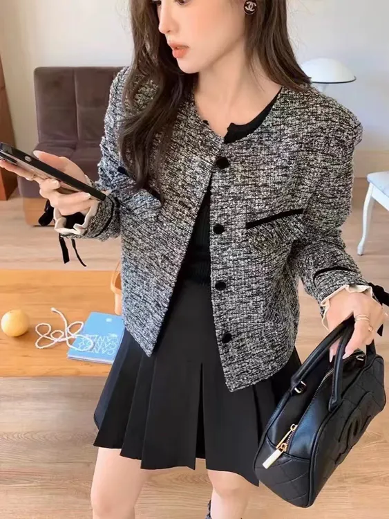 法式小香风轻奢名媛拼接短外套女2024秋季新款蝴蝶结时尚上衣