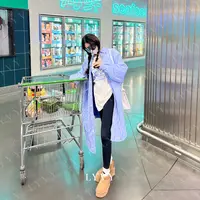 【条纹棉服】袁伶嫣同款衬衫薄棉服男女同款蓝白条纹长款棉服超长