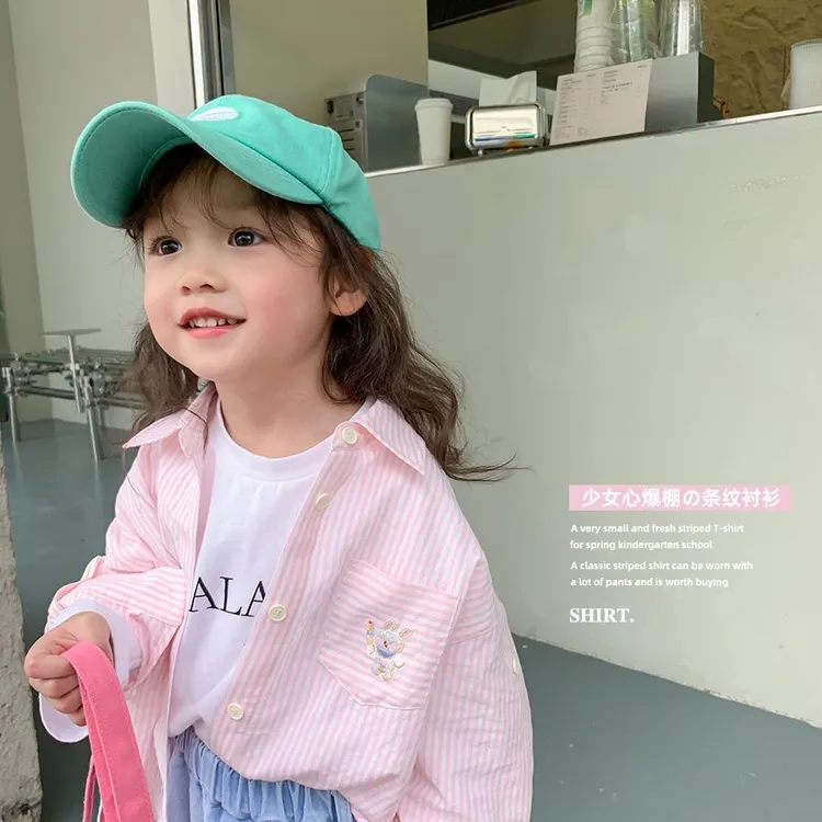 女童ol纯棉衬衫春装薄款儿童夏季条纹透气防晒衣韩版宝宝长袖上衣