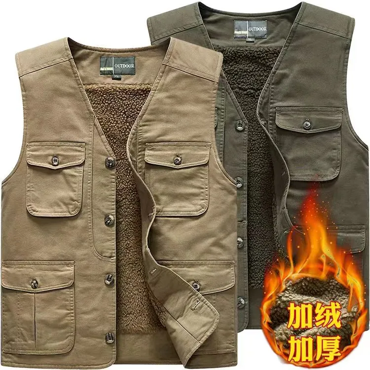 男士加绒加厚保暖马甲外套冬季中老年马夹坎肩宽松多口袋钓鱼背心