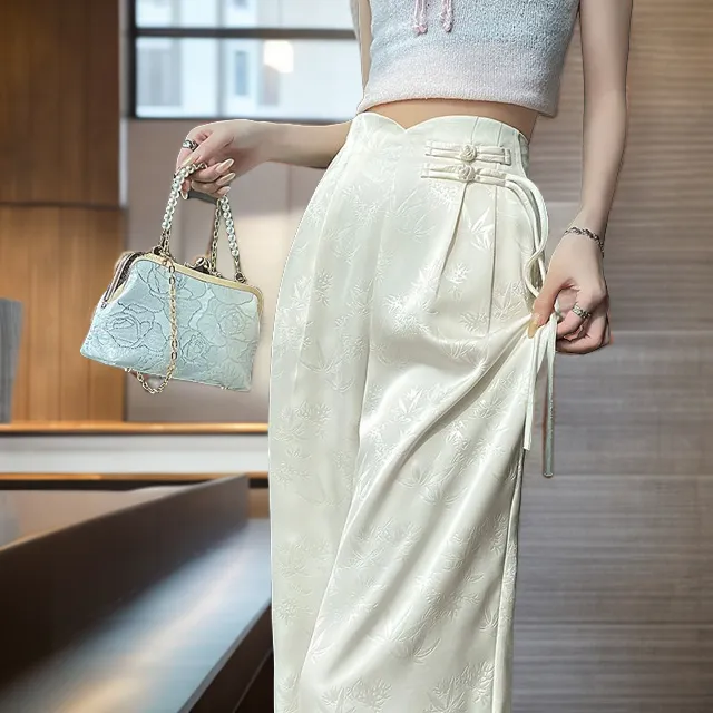 新中式轻奢提花气质垂感阔腿裤夏季时尚宽松高腰显瘦直筒裤休闲裤