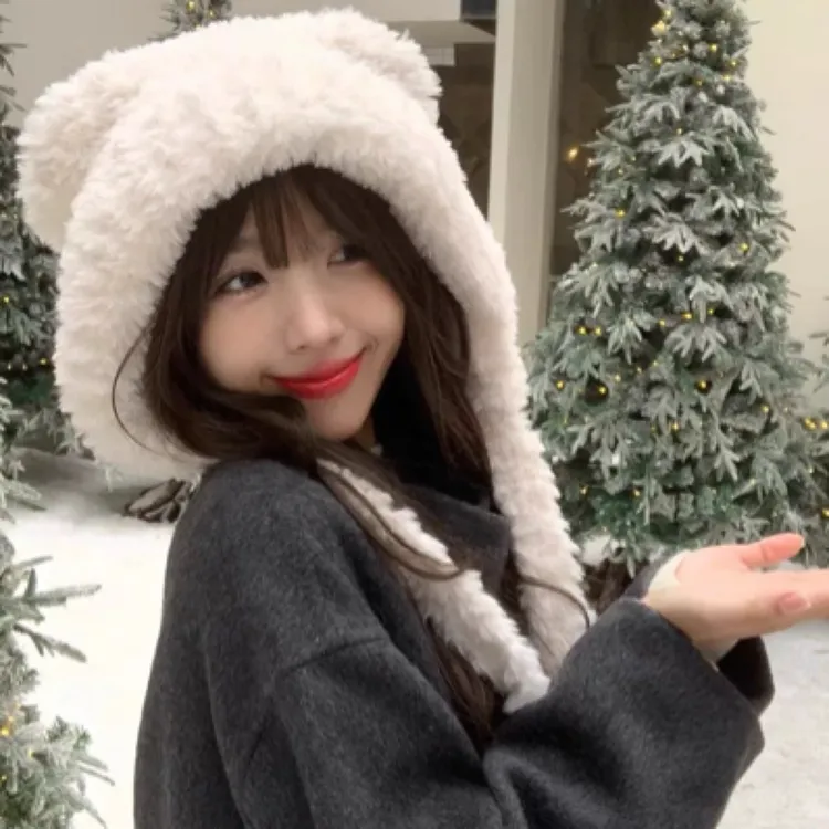 秋冬可爱毛绒绒小熊耳朵帽子护耳升级加厚保暖女显脸小大头围帽子