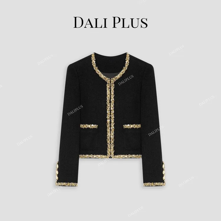DALI PLUS高奢线 手工缝制重工珠片织带黑金小香风外套-D4XL0047