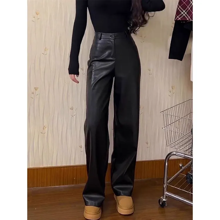 休闲辣妹高腰直筒显瘦皮裤春秋小个子黑色白色宽松垂感拖地裤百搭