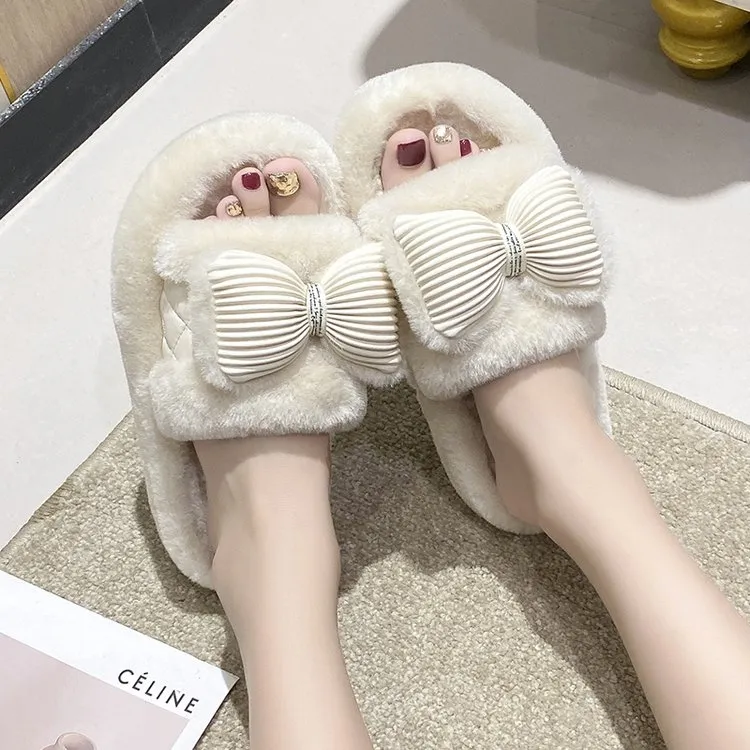 时尚百搭秋冬款保暖毛毛拖鞋家居秋冬季少女心网红蝴蝶结ins毛绒
