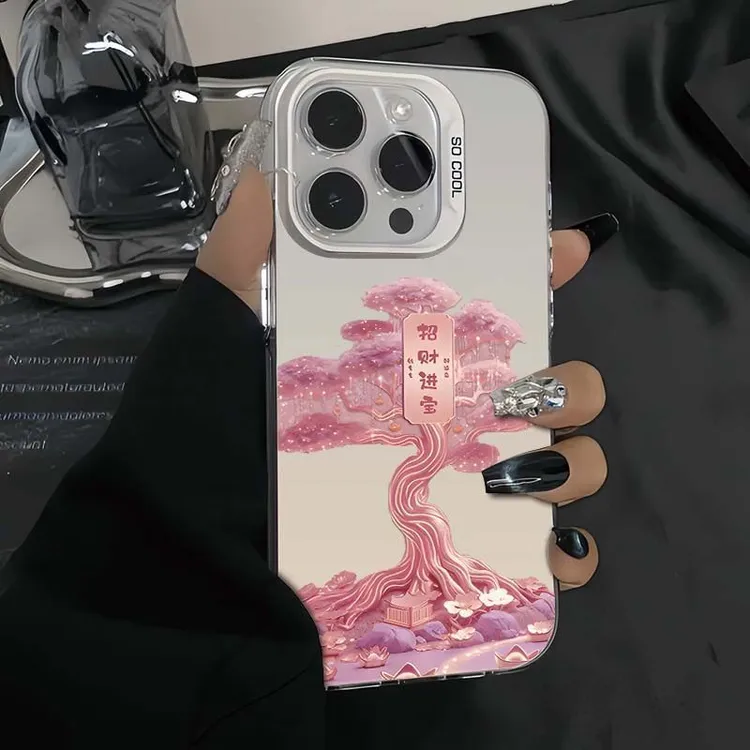 粉色招财进宝适用苹果16promax手机壳iPhone15防摔14简约13/8彩银