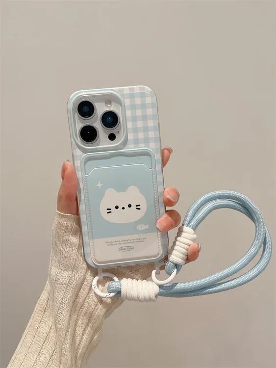 蓝格纹猫咪适用苹果15promax手机壳iphone14/13挂绳12pro卡包11软