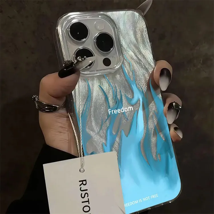 蓝红火焰羽纱壳适用iphone15promax手机壳14plus苹果13防摔12/11p