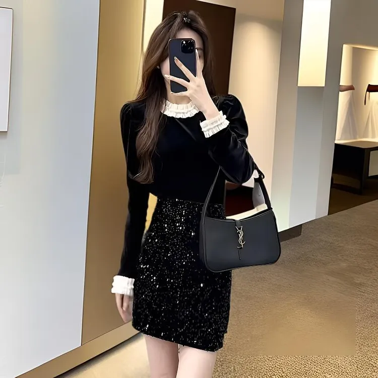 黑色金丝绒圆领花边上衣今年流行爆款时尚气质小衫a字半身短裙