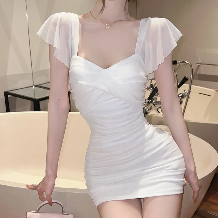 纯欲性感网纱低胸短袖连衣裙设计感辣妹时尚气质收腰显瘦包臀短裙