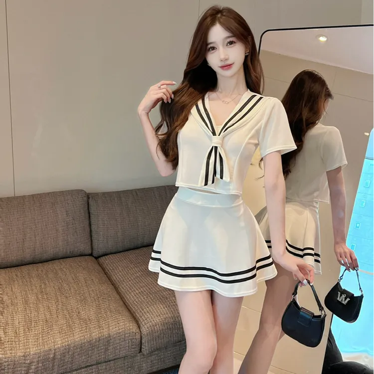 jk制服套装女小个子夏装足浴技师工作服学院风网红低胸性感套装裙