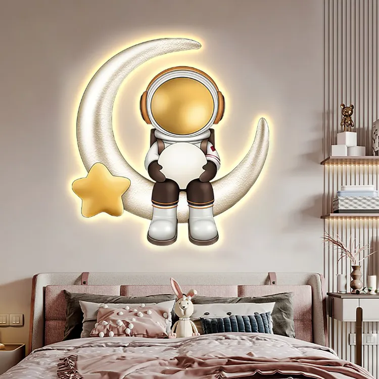 现代轻奢儿童房床头装饰画太空人月亮精雕砂岩LED氛围灯画单幅