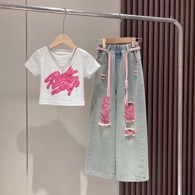 女童夏季套装2024新款夏装儿童韩系装女孩牛仔裤破洞阔腿裤两件套