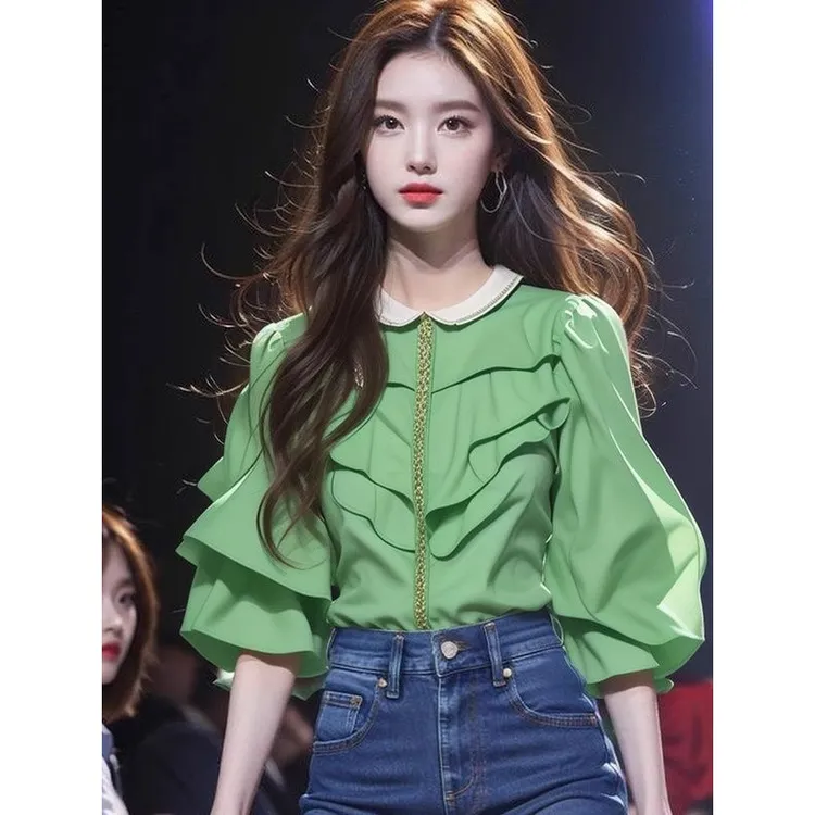 法式甜美绿色衬衫夏季设计感百搭小众超好看褶皱减龄漂亮上衣女