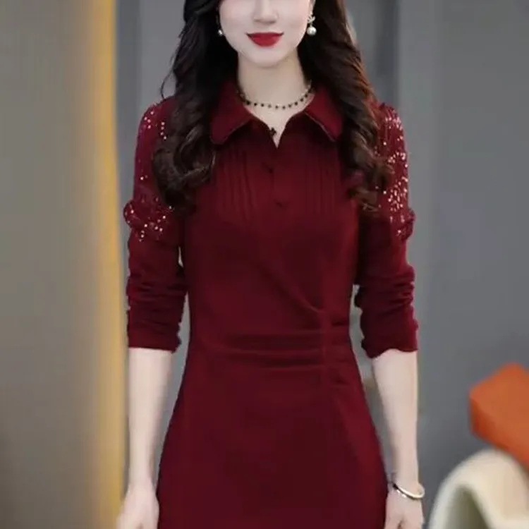 2024秋冬季新款时尚气质显瘦感亮片加绒加厚中长打底连衣裙子