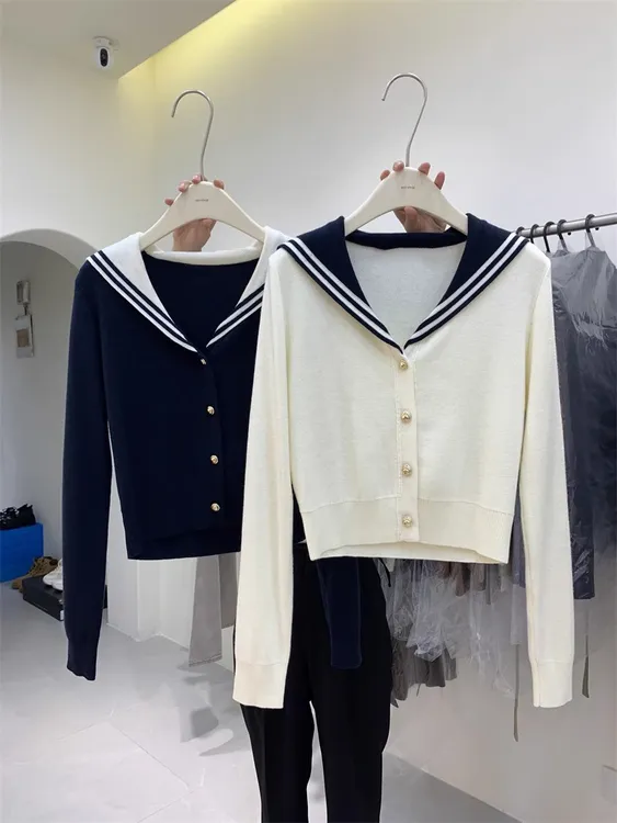 学院风海军领短款针织开衫女秋季2025新款韩版翻领小个子长袖上衣