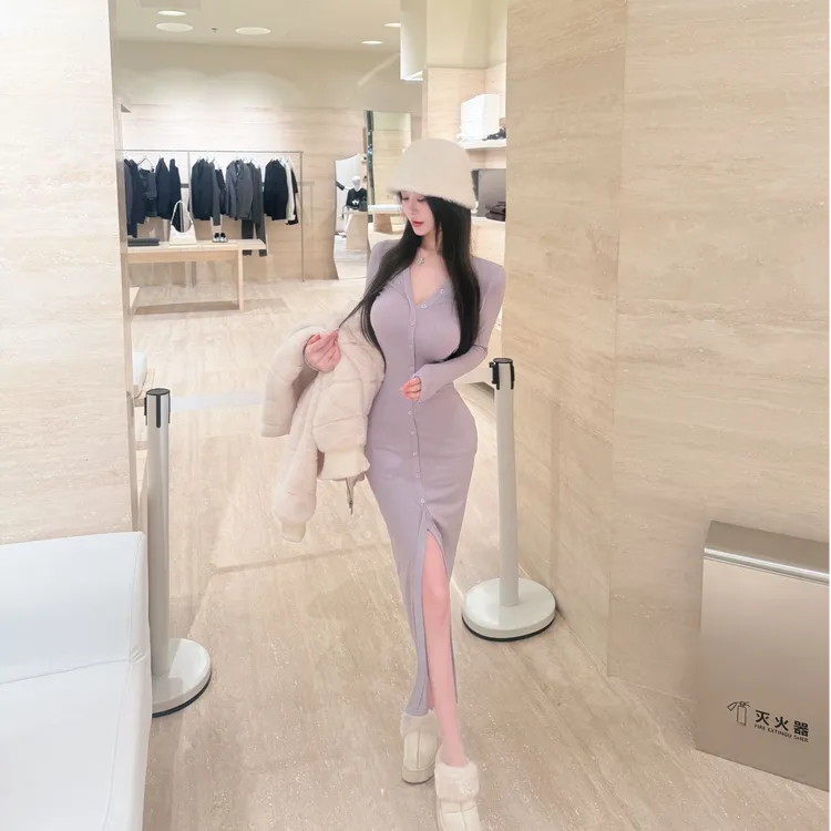 向晚主推款.紫藤灰显身材巨好看长款连衣裙