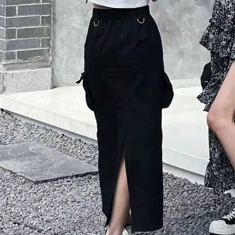 2024夏季时尚气质设计感百搭高腰黑色工装半裙中长款显瘦半身裙