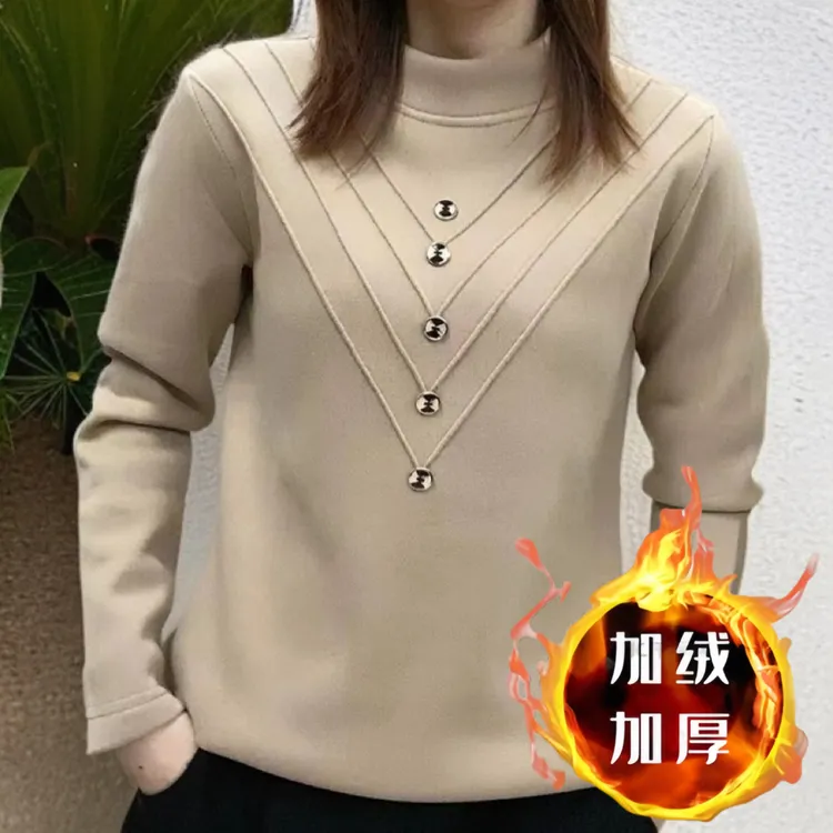加绒加厚高档打底衫女秋冬大码修身一体绒保暖德绒半高领上衣