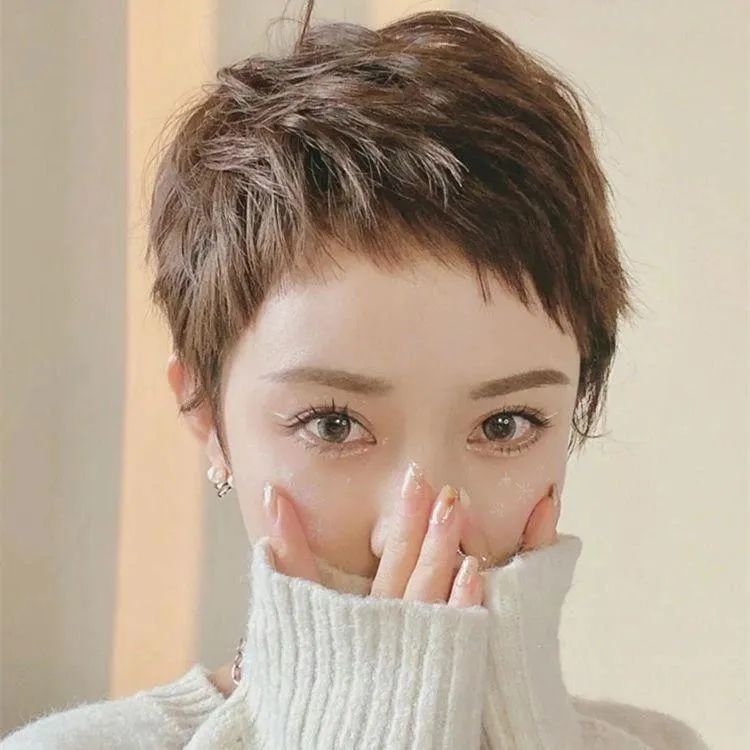 狗啃刘海假发女短发真发全真人发双递针真发全头套时尚自然短直发