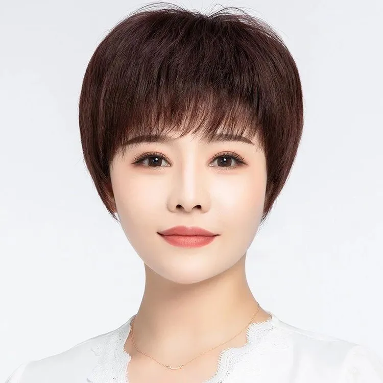 假发女短发全头套真人发丝短直发中老年女款妈妈真发头套自然舒适